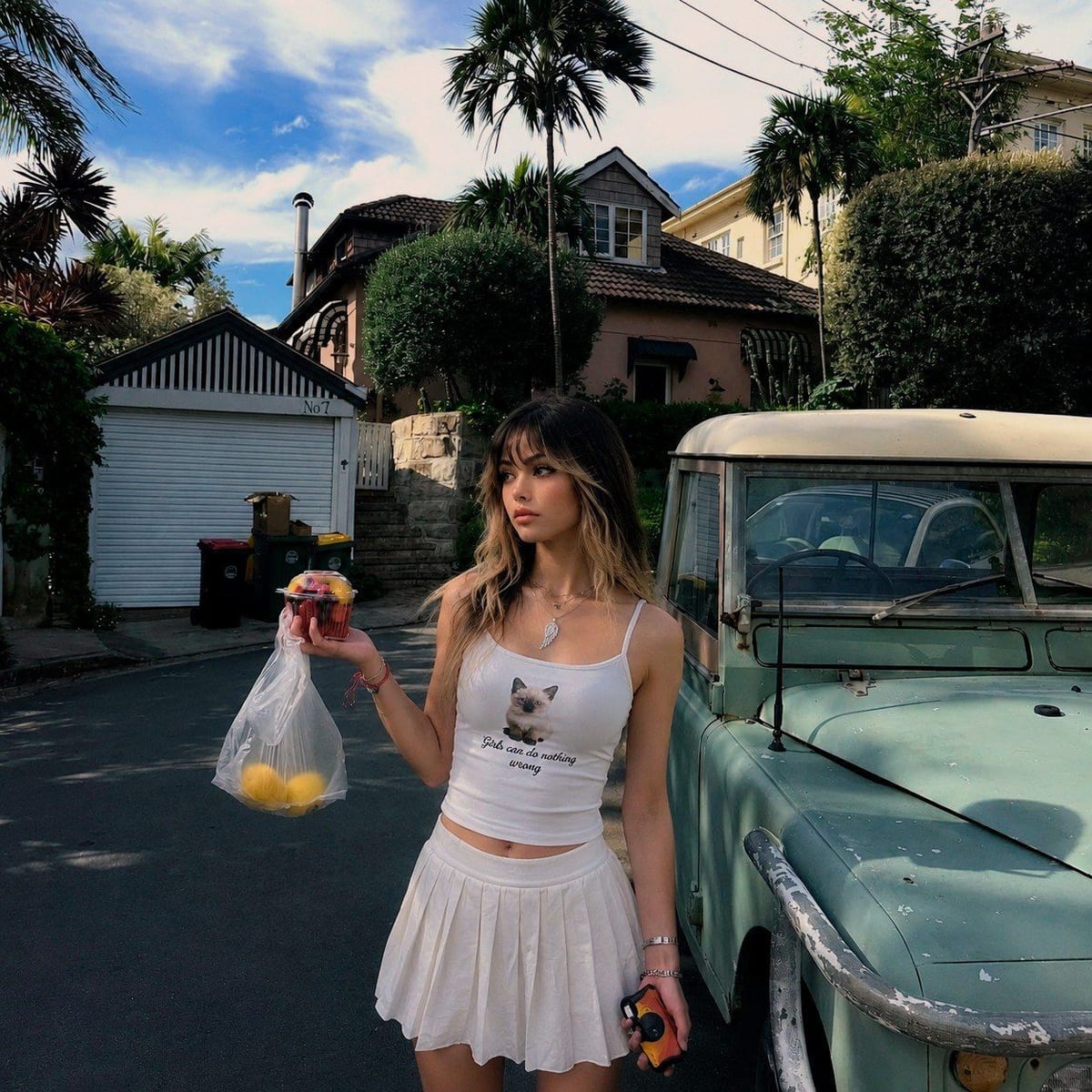 Linnea standing on a sunlit street beside a weathered mint-green vintage pickup truck, holding a punnet of berries and a bag of lemons, wearing a white kitten-print cami and a white pleated mini skirt, an orange disposable camera in her other hand.